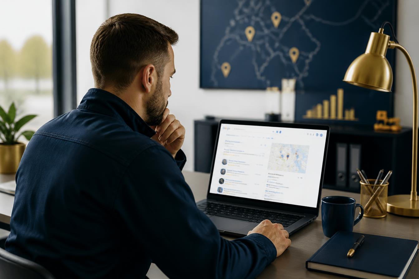 Bouwbedrijf eigenaar bekijkt lokale Google zoekresultaten en map pack op laptop