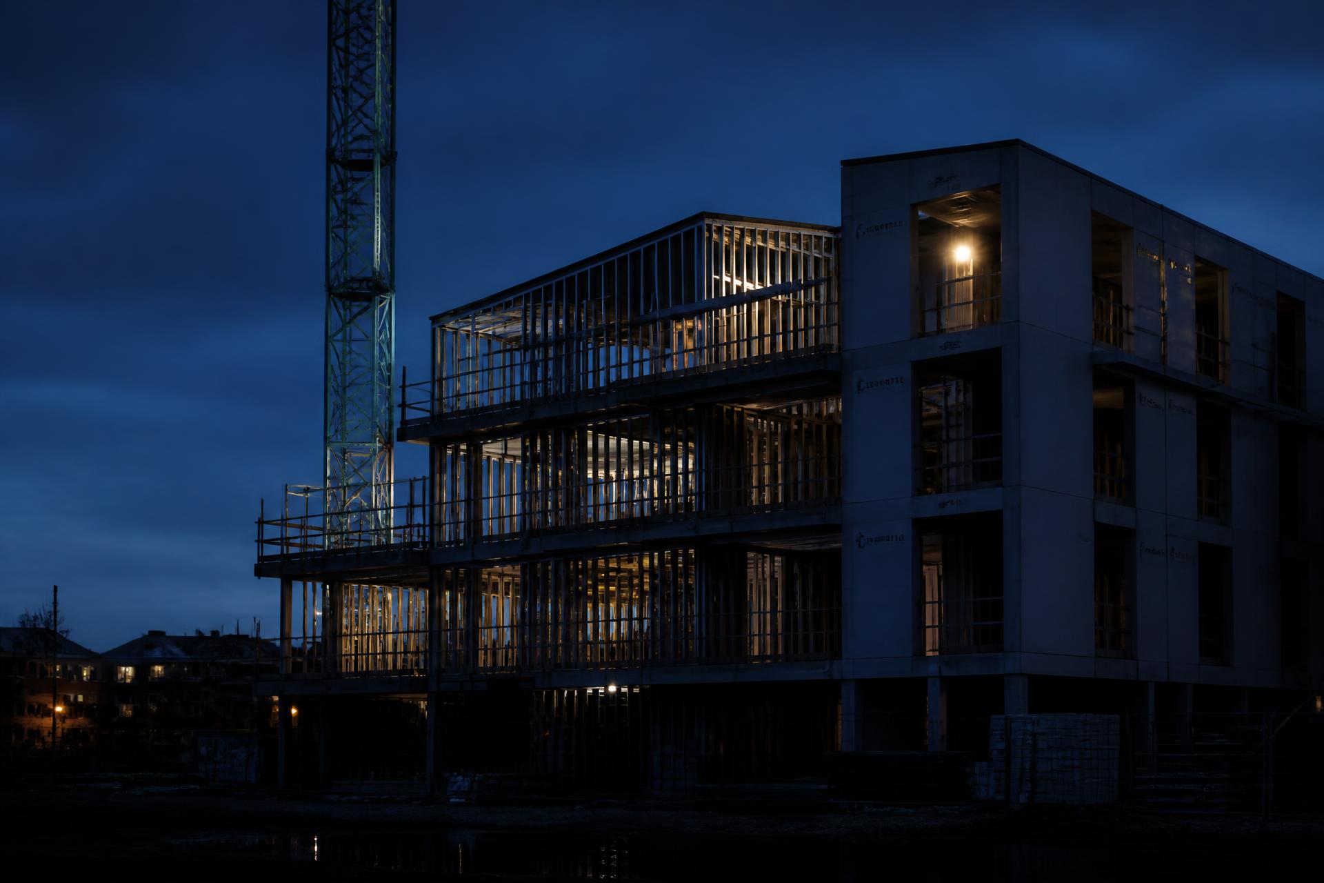 Bouwproject in aanbouw tijdens het blauwe uur